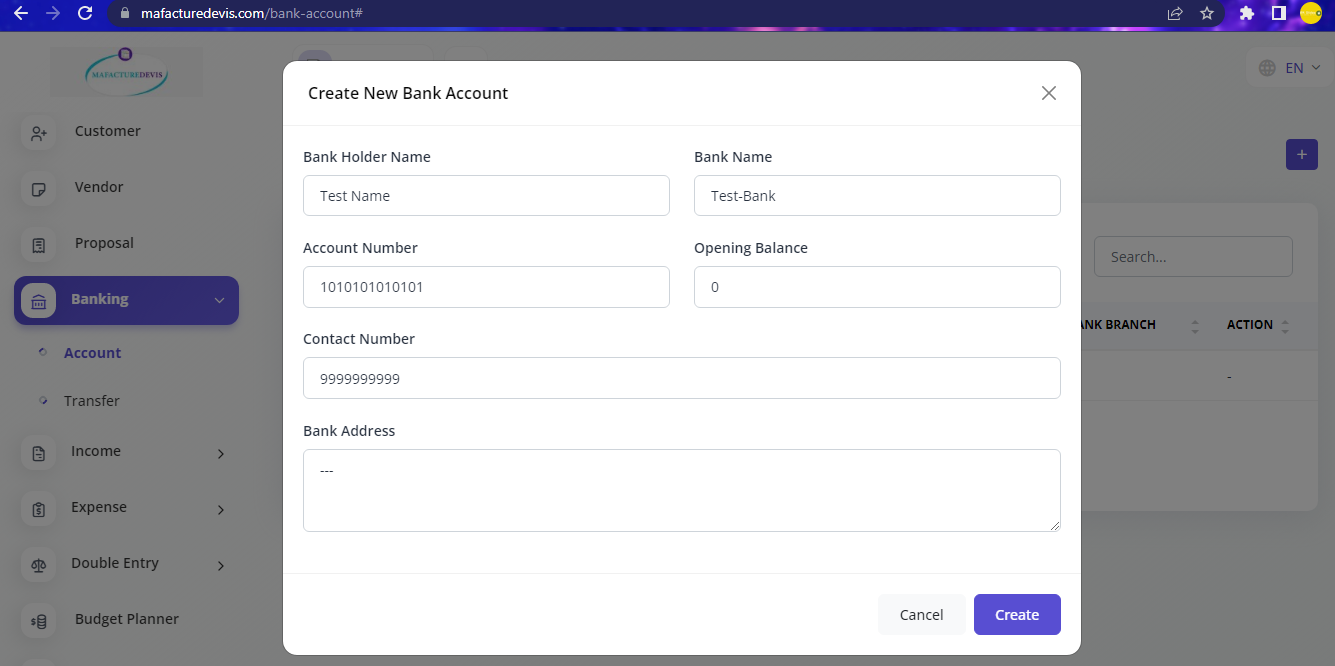 Account create page