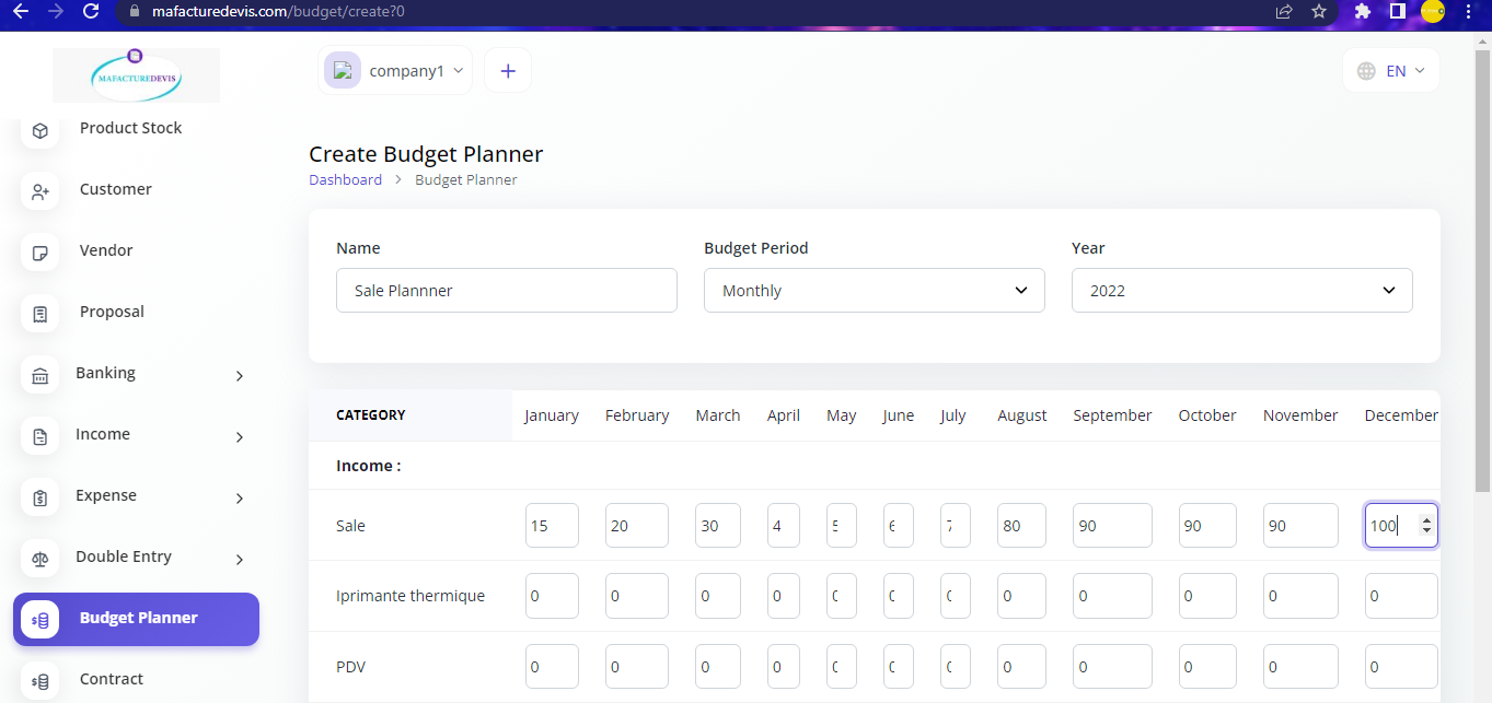 Budget create page